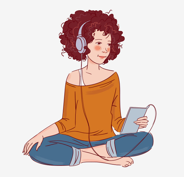 年轻女孩戴着耳机听音乐图片下载