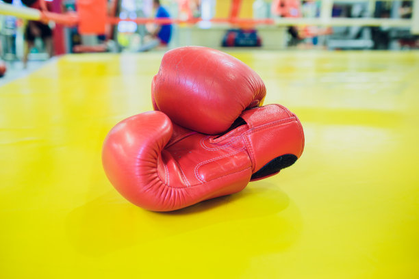 红色和蓝色的拳击手套挂在健身房的蓝色墙壁上图片下载