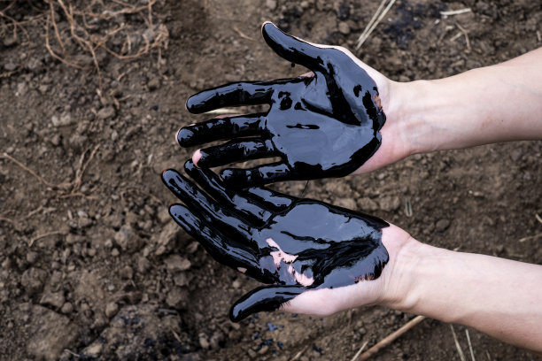 石油泄漏。很脏的手。在土壤背景上涂上黑色的油。图片下载