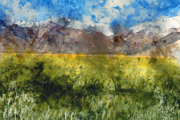 雪山前麦田，数字水彩画图片下载