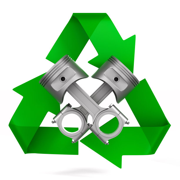 两个发动机活塞和符号回收在白色背景。孤立的3 d演示图片下载