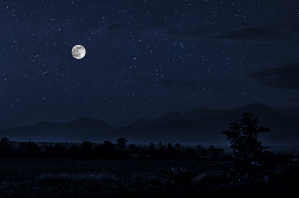 月圆之夜，山路穿过森林。风景优美的夜景乡村小路，夜晚有大月亮。长快门的照片图片下载