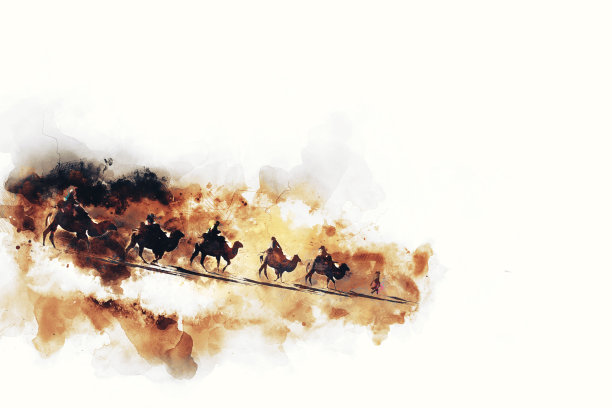 丝绸之路上的骆驼和人，水彩画插图图片下载