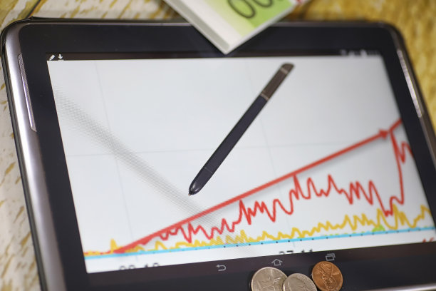 收入增长曲线图。电子平板电脑与利润增长率图表。智能手机图表上的货币。图片下载