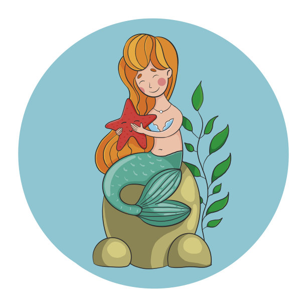 年轻美丽的小美人鱼坐在石头上。美人鱼抱着海星。矢量图图片下载