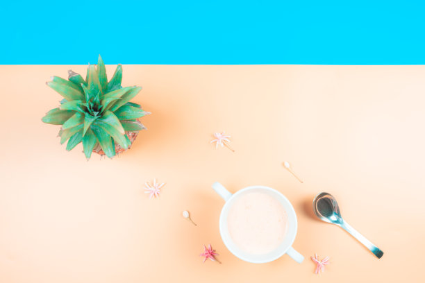 网站横幅新鲜的水果和饮料在夏季的概念从最低平lay饮食食物与菠萝和热带花躺在柔和的黄色蓝色背景图片下载