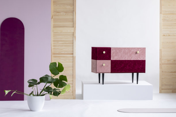 手工丝绒粉和酒红色马桶在优雅的白色内饰图片下载