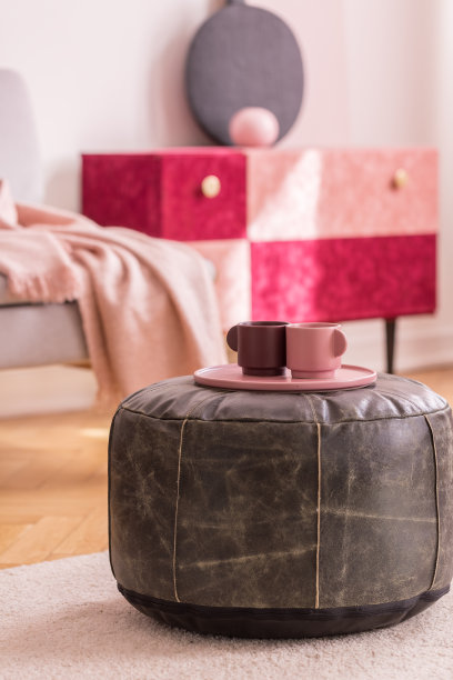 粉红色的盘子和杯子在皮革蒲团上，在客厅内的彩色地毯上有橱柜。真实的照片图片下载