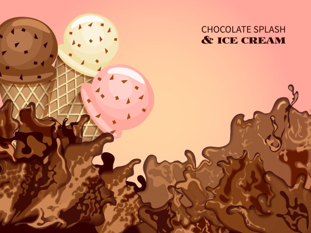 三个彩色的冰淇淋球在华夫蛋筒背景奶油巧克力飞溅。图片下载