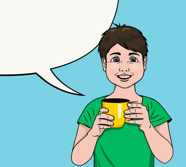 小男孩在喝茶。蓝色背景。空讲话泡沫。矢量插图漫画风格。图片下载