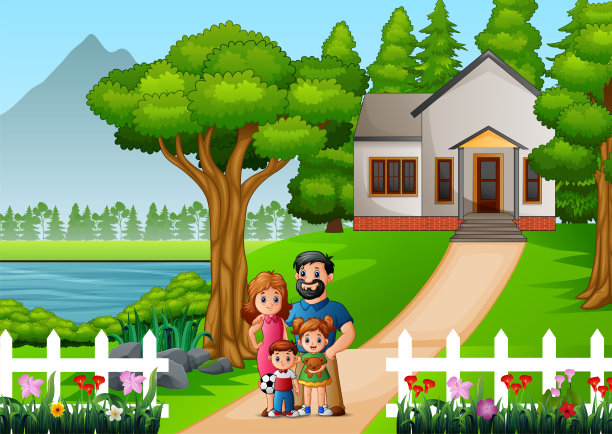 卡通家庭在房子的院子前图片下载