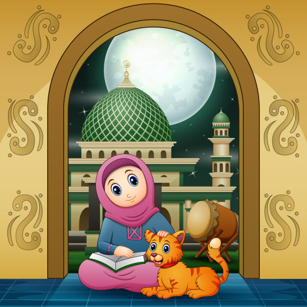 一个穆斯林女孩和一只猫在清真寺看书图片下载