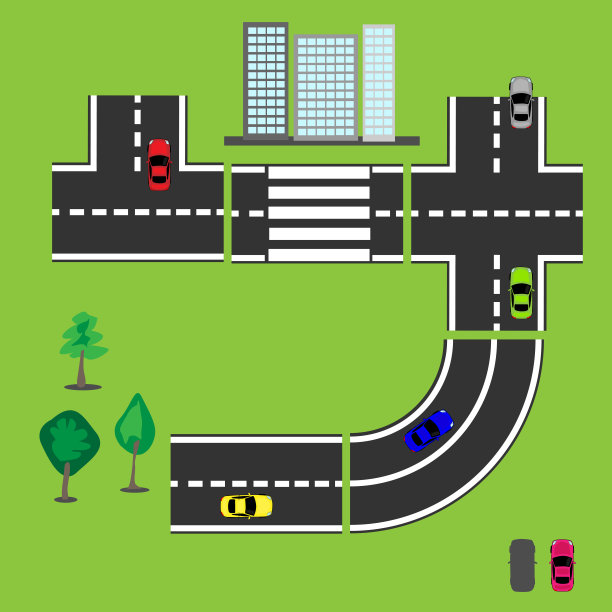 彩色的汽车和部分道路创造了一幅图画。多层房屋和树木。图片下载