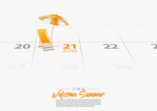 夏天的假期。沙滩上的木制沙滩椅和沙滩伞。夏季从2019年6月21日开始。暑假的概念。向量。图片下载