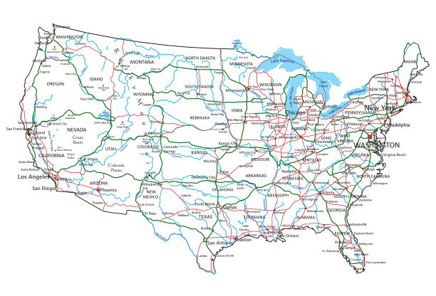 美利坚合众国公路和公路地图。矢量插图。图片下载