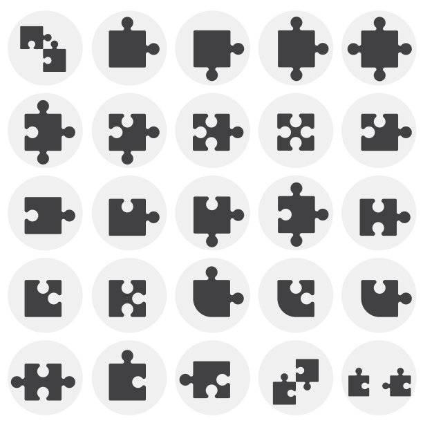 谜题图标设置在圆形背景图形和网页设计。简单的矢量信号。网站按钮或手机应用的互联网概念符号。图片下载