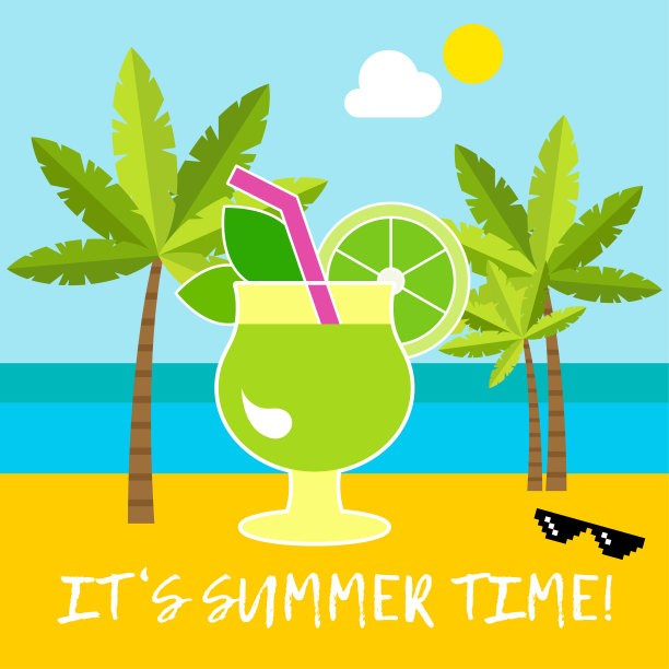 有海，棕榈树，云彩和莫吉托鸡尾酒的海报。图片下载