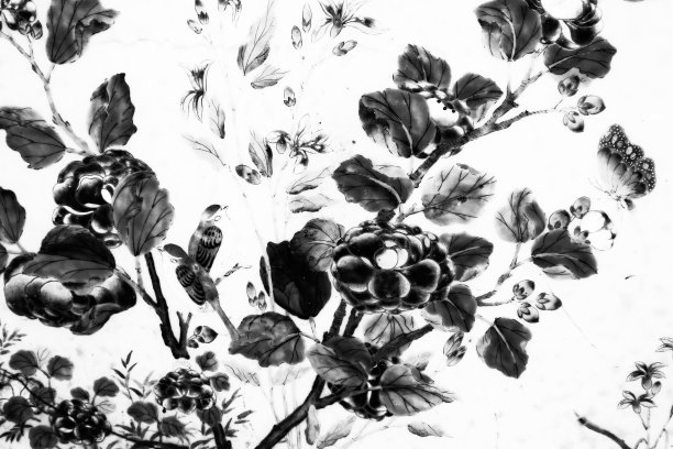 2019年5月14日，泰国曼谷——在曼谷翡翠佛寺、皇宫或佛寺的画廊中，一棵棵黑白相间的树与花艺术作品呈现在人们的视线中图片下载