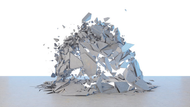 混凝土墙碎成成千上万的小碎片。破碎的土地，抽象的背景。爆炸，破坏，破碎，混凝土墙。隔离在白色背景，3D渲染图片下载