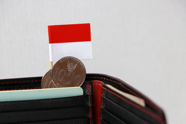 两枚一千印尼盾硬币和迷你印尼国旗贴在黑色钱包的白色背景。图片下载