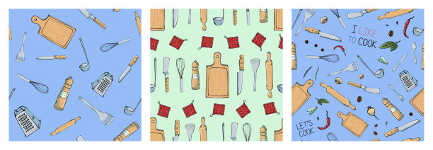 一套手绘无缝模式与厨房用具。原画涂鸦风格的实际设计。图片下载