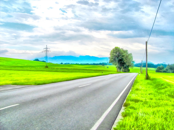 水彩风景。通往田野的路。图片下载