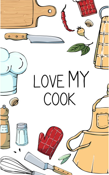 手绘插图与厨房用具。烹饪工具的实际矢量图和报价。创意涂鸦风格的水墨艺术作品。厨房设置和文本爱我的厨师图片下载