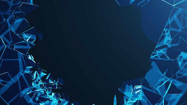 3D插图墙的玻璃与一个洞的中心粉碎成小碎片。放置横幅和广告。爆炸在墙上造成一道裂缝。冰爆洞，墙裂图片下载