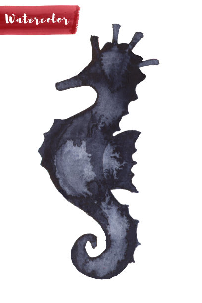 深蓝色的海马画。水彩艺术画。海洋蓝的颜色。海洋动物。孤立在白色为织物，纺织品，背景，装饰儿童插图。剪影元素的设计。图片下载