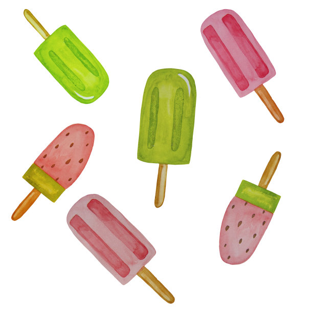 冰淇淋水彩集，图案上的白色背景。水果冰淇淋，有奎维果，浆果。手绘插图。食品设计，夏季，印刷图片下载