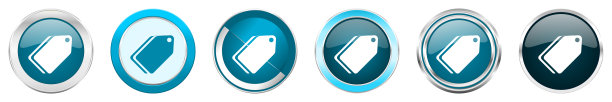 标签票银色金属铬边框图标在6个选项，设置web蓝色圆形按钮孤立在白色背景图片下载