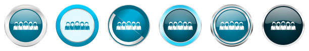 人们银色金属铬边框图标在6个选项，设置web蓝色圆形按钮孤立在白色背景图片下载