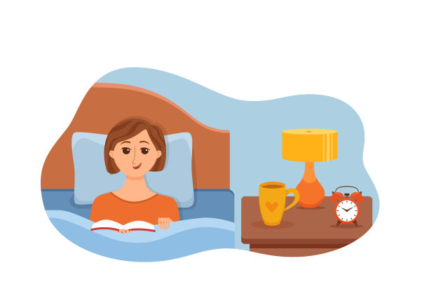 小女孩躺在卧室的床上，在灯下看书。矢量插画的年轻女子休息，放松，舒适舒适的夜晚与一杯茶，时钟家里室内。图片下载
