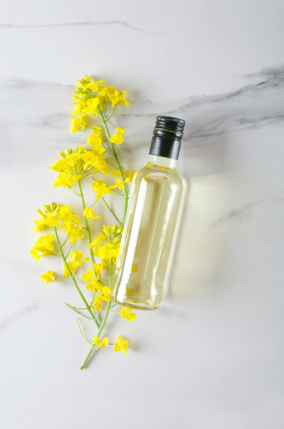 玻璃瓶中的菜籽油和菜籽花放在白色大理石表面，俯视图图片下载