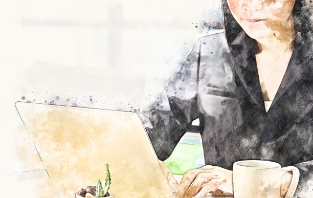 抽象的女商人在办公室工作，以水彩插画为背景画。图片下载