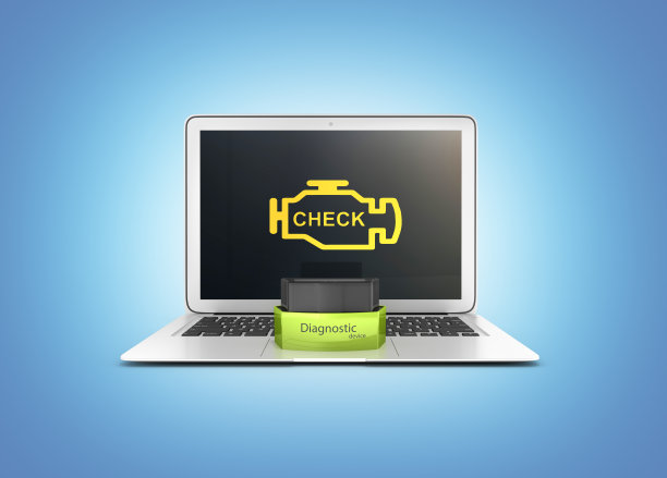 汽车诊断概念接近笔记本电脑与OBD2无线扫描仪在蓝色梯度背景3d插图图片下载