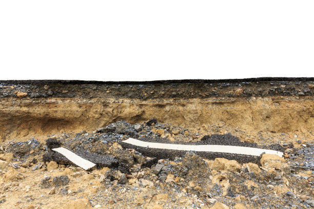 近距离的背景纹理的土壤，岩石，碎石，沥青路面下受到水的侵蚀孤立在白色图片下载