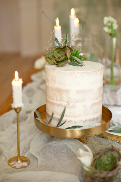 优雅的白色婚礼蛋糕与鲜花和多肉的波西米亚风格。乡村的婚礼蛋糕。图片下载