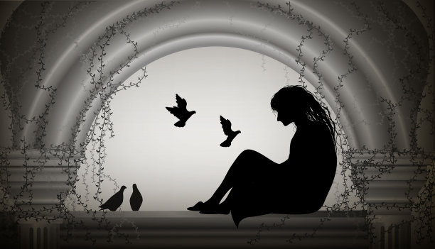 女孩坐在窗前，一群鸽子飞向她，女孩坐在老式的阁楼上带着柱子，想着一些事情，女孩来自童话，场景，向量图片下载