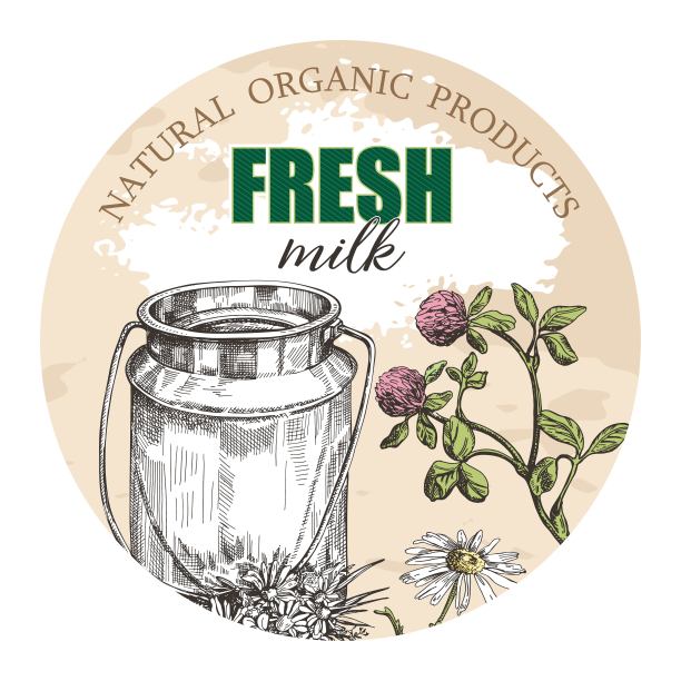 牛奶罐和野花。本设计为圆形背景农产品设计。图片下载