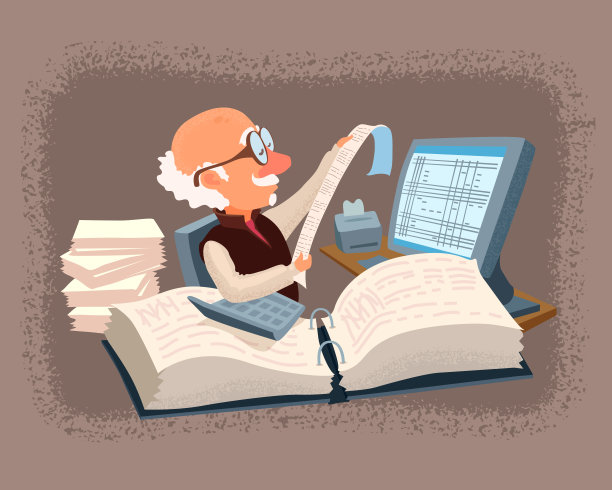 戴着眼镜的会计，坐在办公桌后面，周围都是文件、文件、电脑和计算器。图片下载