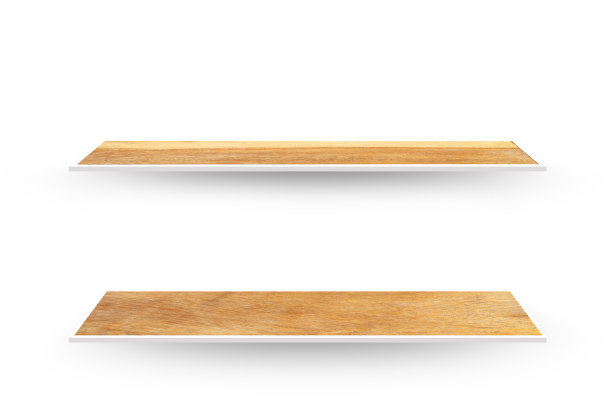 在水泥墙背景上的棕色木质纹理书架家具图片下载