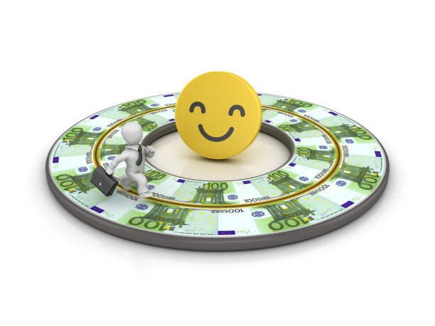 循环欧元票据道路与商业人物运行和微笑表情- 3D渲染图片下载