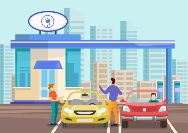 人们在停车场附近的汽车充电站交谈。图片下载