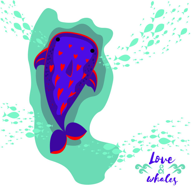 可爱的鲸鱼与鱼群周围，人物设计动物，心脏在背后，水下生活，标志爱和鲸鱼，矢量插图。图片下载