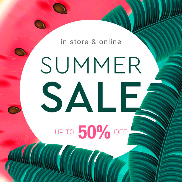 夏季销售背景布局横幅装饰热带树叶和西瓜。优惠券，矢量插图。图片下载