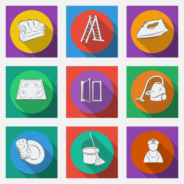 时尚的平面图标与长阴影清洁主题。图片下载