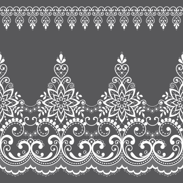 蕾丝无缝矢量图案与花和漩涡，复古蕾丝边界设计，详细的花卉装饰在白色的灰色背景图片下载
