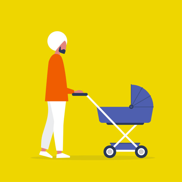 婴儿车。婴儿车。年轻的印度人与婴儿车。现代的父母。平面可编辑矢量插图，剪辑艺术图片下载