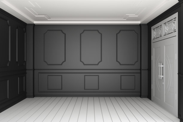 空荡荡的豪华房间内部，白色木地板上的墙壁造型设计。三维渲染图片下载